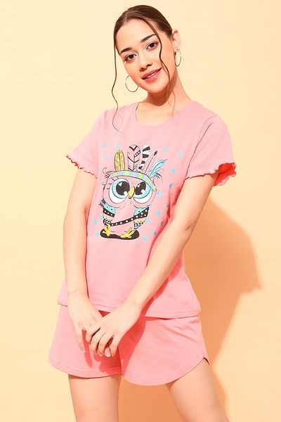 owl print top and shorts cotton